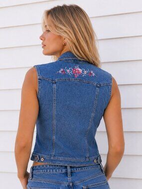 Vintage 90's Northern Reflections Denim Vest Floral Embroidered Jean Vest